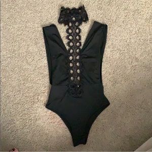Sexy cutout black bodysuit with lace choker